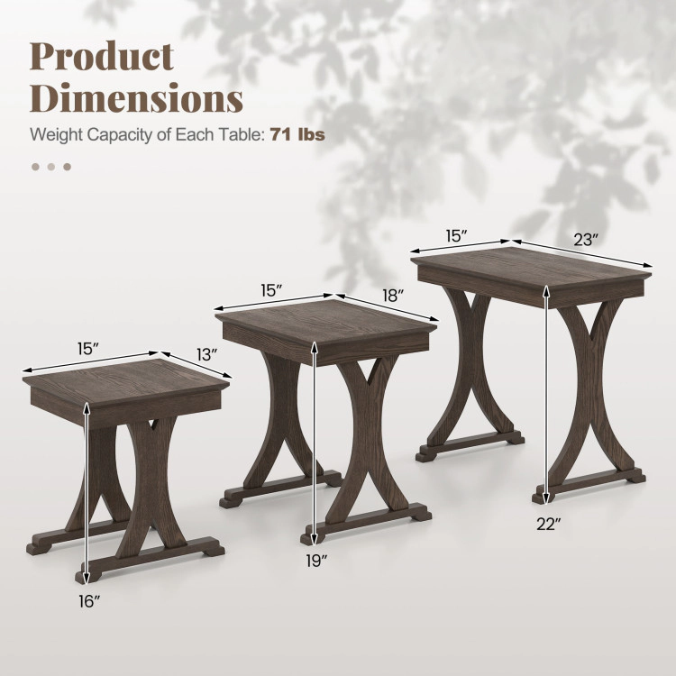 Hivvago 3 Pieces Nesting Coffee Table Side Table With Solid Rubber Wood Legs