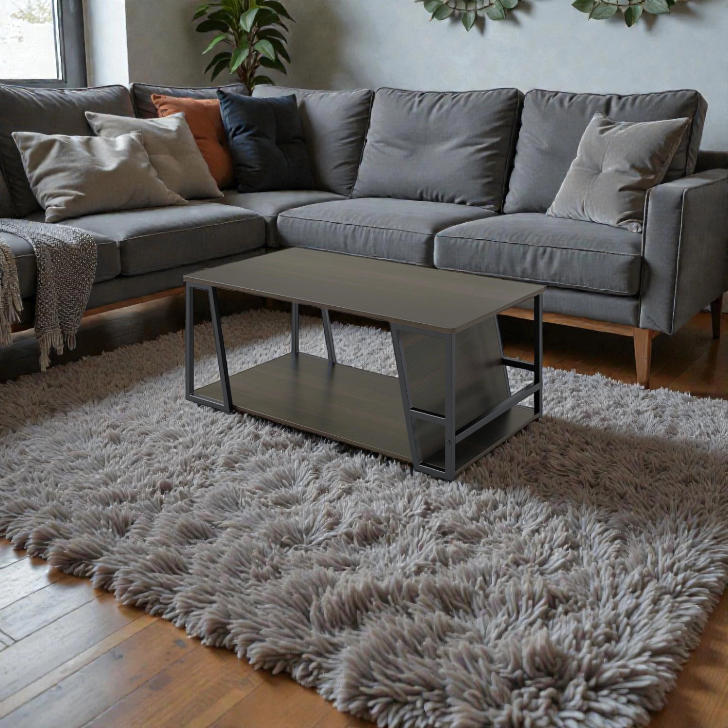 Hivvago Rectangular Living Room Table with Industrial Frame and Double Storage Space
