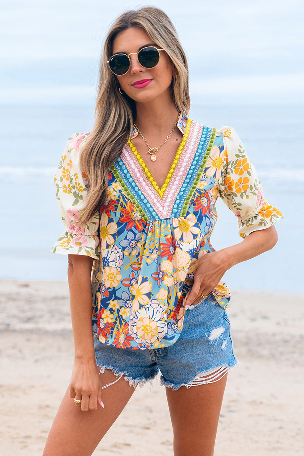 Threaded Pear Women's Gwen Crochet V Neck Boho Floral Blouse