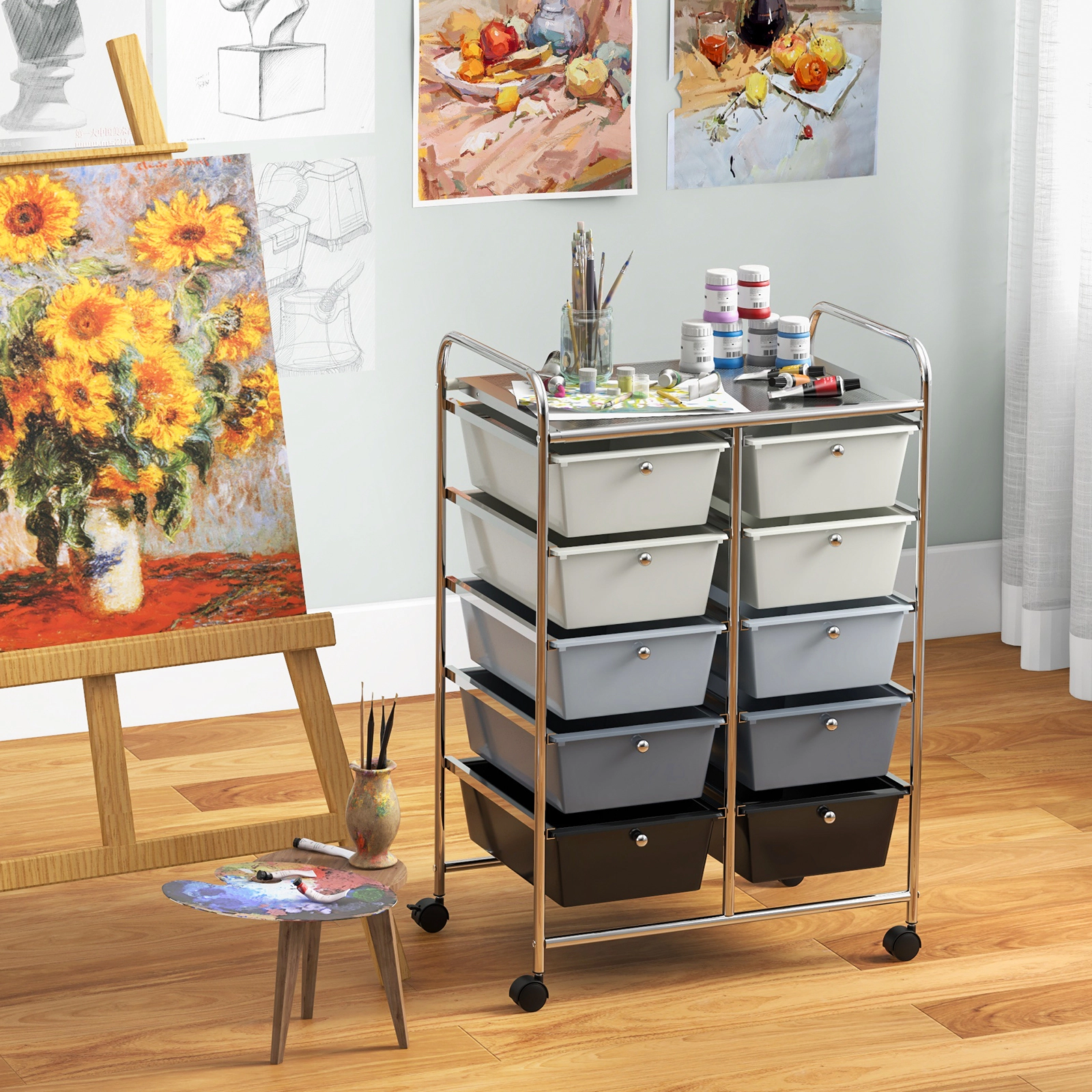 SUGIFT 10-Drawer Rolling Storage Cart with Mesh Top 22-lb Platform Capacity 5.5-lb Drawer Capacity Beige & Gray