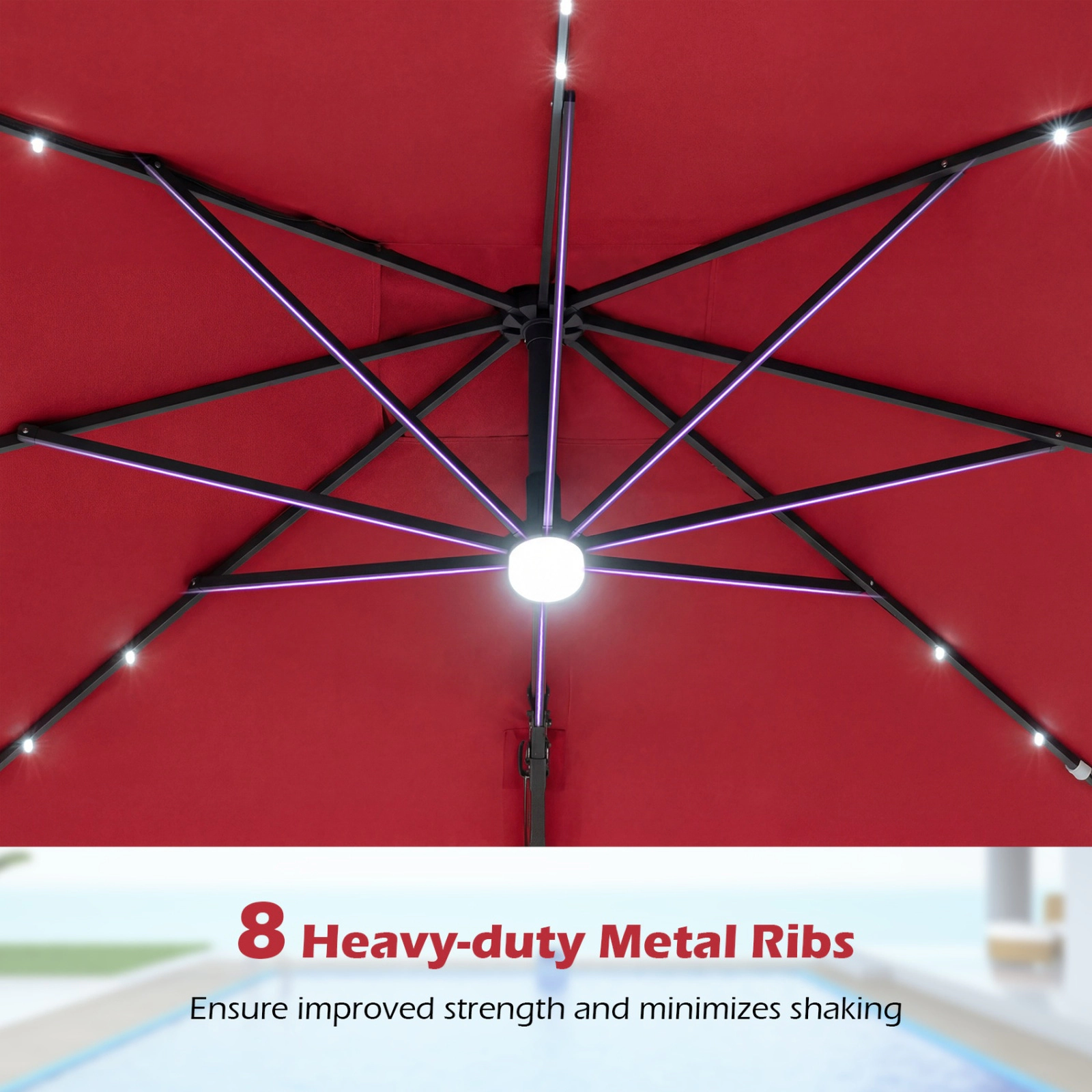 SUGIFT 10-ft Wine Solar Offset Patio Umbrella with 220-lb Fillable Base Crank Lift and Storage Strap