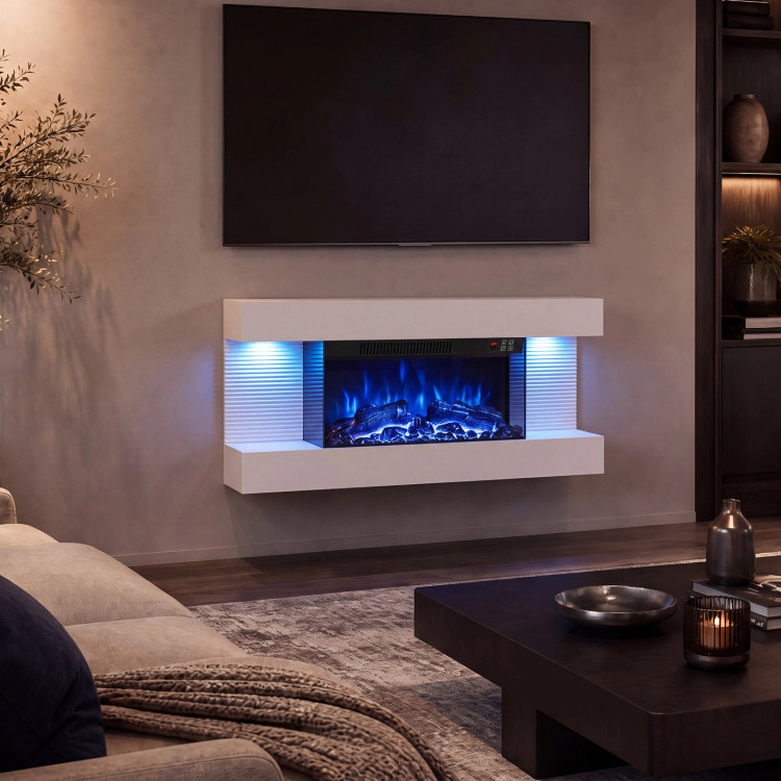 SUGIFT 3-Sided Wall Mount Electric WiFi Fireplace with Floating Mantel 32.3-in Wide 750W/1500W 5000-BTU Heater White
