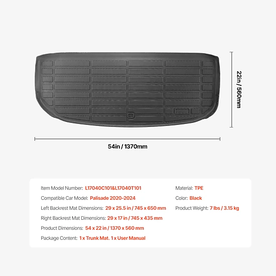 HONGGE Custom Fit TPE Cargo Mat for Hyundai Palisade 2020-2024, Trunk Liner with Backrest Mats, Waterproof Protector