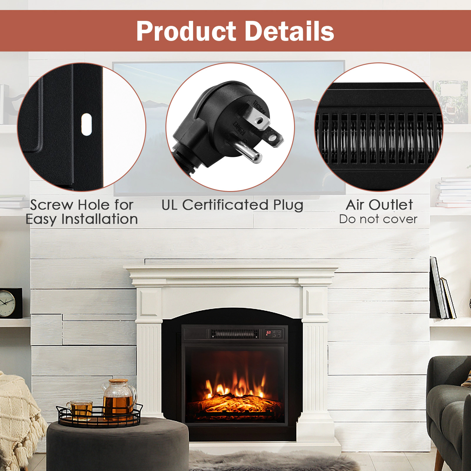 SUGIFT 3-Level LED Flame Electric Fireplace Insert 19-in Firebox 18 x 17-in Front Panel 1400-Watt 5000-BTU Black