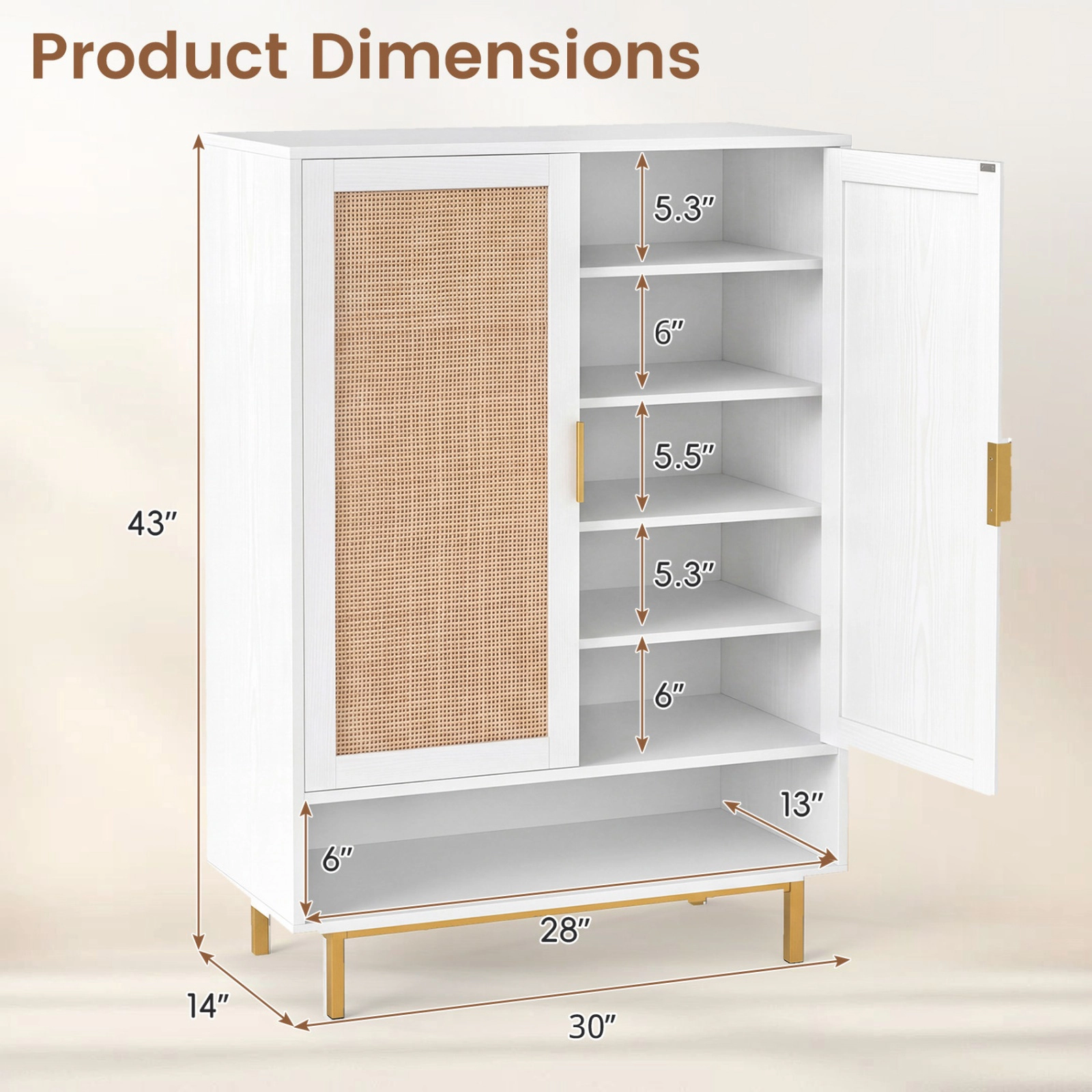 SUGIFT 43-in Tall 6-Tier Shoe Cabinet with Double Doors and Open Compartment 135-lb Capacity White