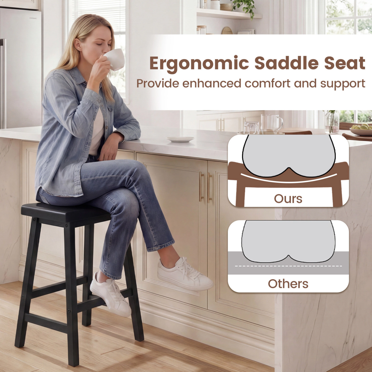 Glintex 2-Piece 24-Inch Backless Solid Wood Saddle Counter Stool Set
