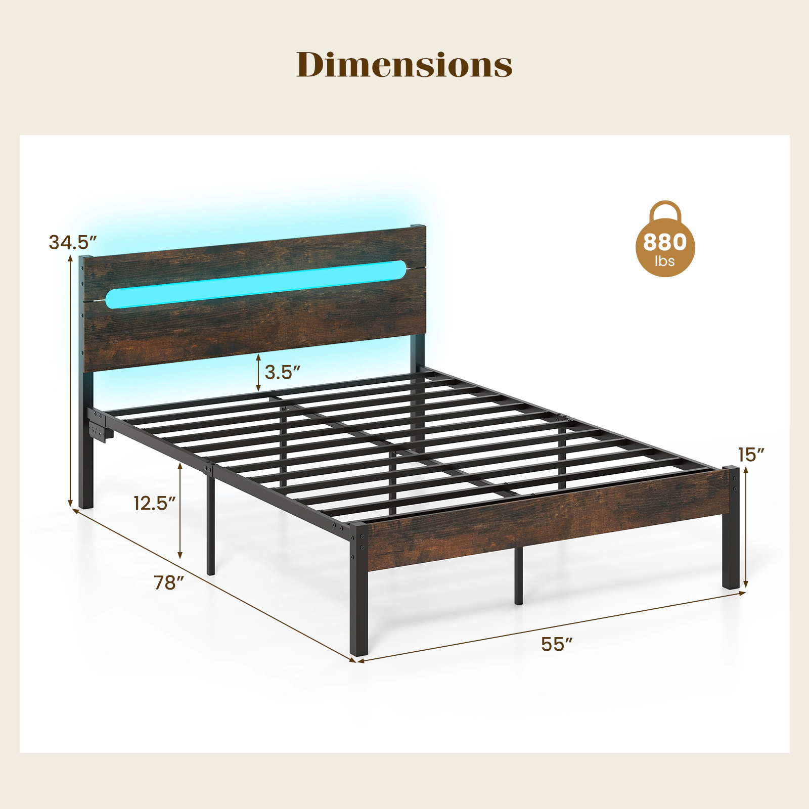 SUGIFT Metal Slats Support Bed Frame with LED Lighting & Charging Station 880-lb Capacity Rustic Brown + Black