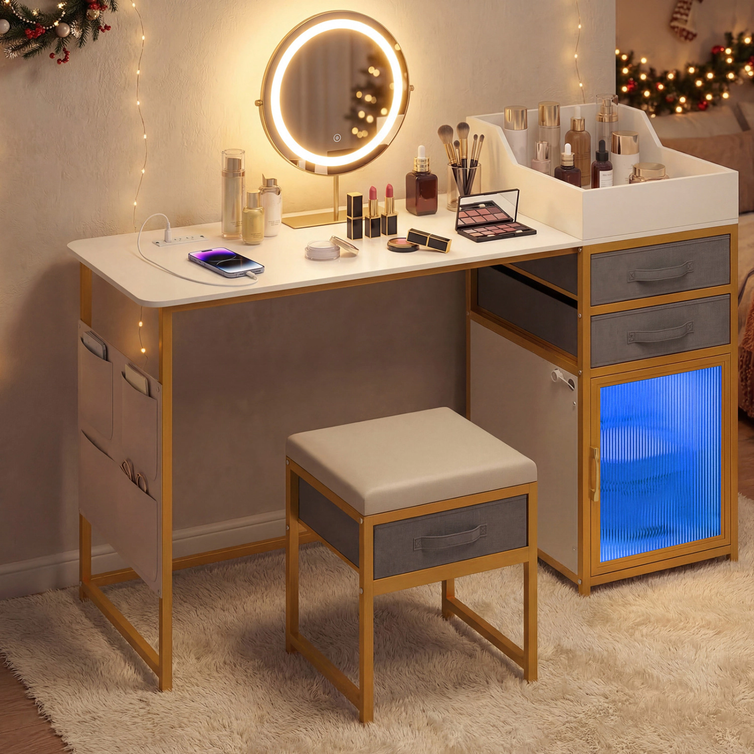 LJG Vanity Desk with Rotatable Lighted Mirror 55 Inch Makeup Vanity Table