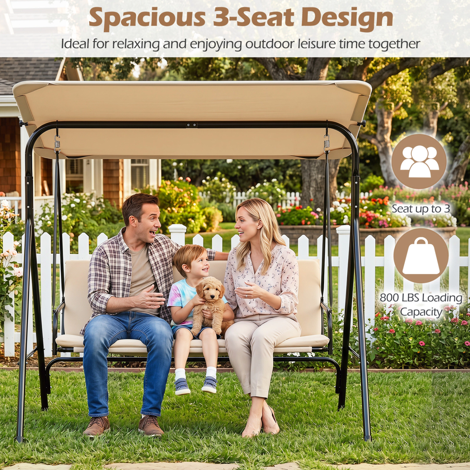 LJG 3-Seat Patio Swing Chair with Adjustable Canopy & Removable Cushion