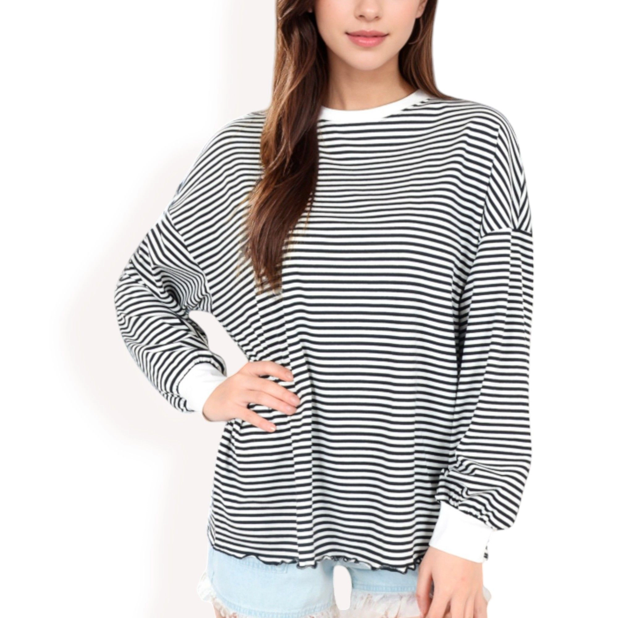 Anna-Kaci Women's Striped Long Sleeve Oversized Pullover Top Ribbed Crew Neck Everyday Look