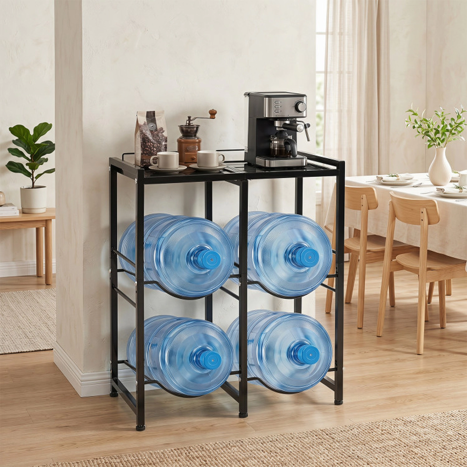 SUGIFT Space-Saving 4-Bottle 5 Gallon Water Jug Holder Metal Shelf Rack 44-lb Top Shelf Capacity 26-in Frame Black