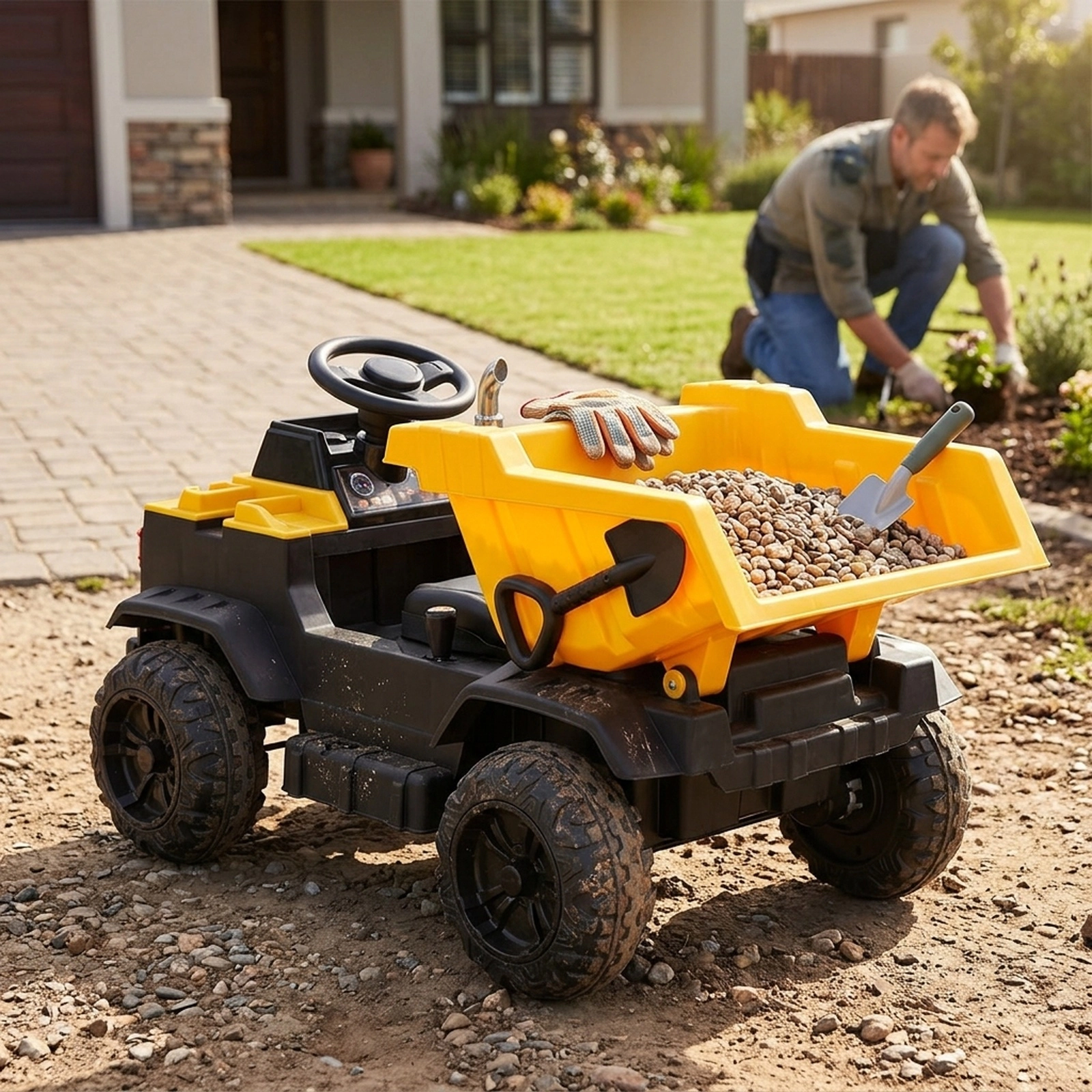 12V Kids Ride On Dump Truck Electric Bucket Detachable Shovel Parent Remote 42.5-in Construction Toy Ages 3-8 Yellow