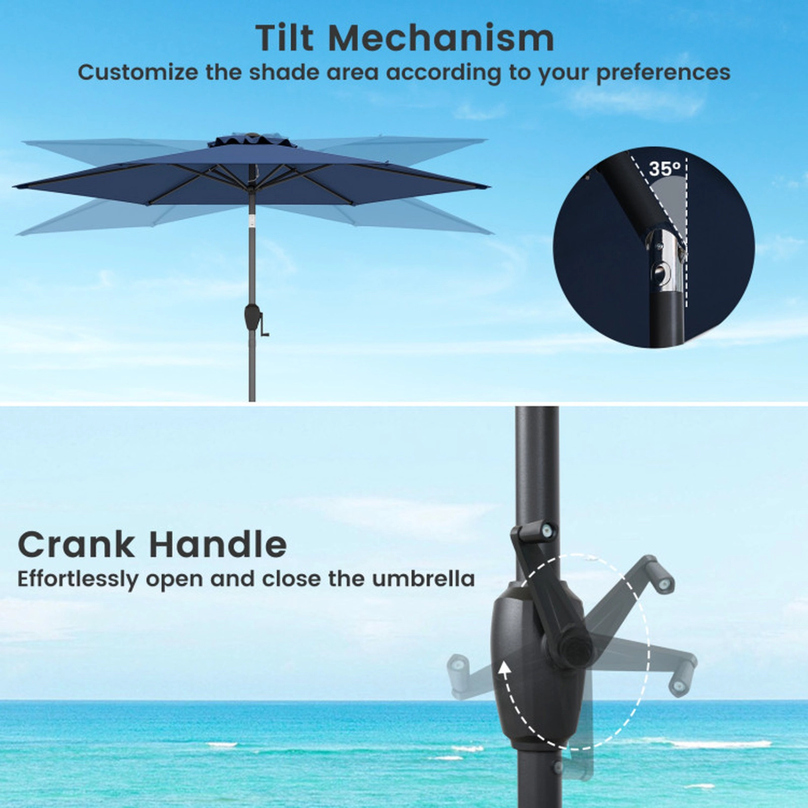 SUGIFT Navy Blue Push Button Tilt and Crank Handle 7.5 FT Outdoor Market Patio Umbrella