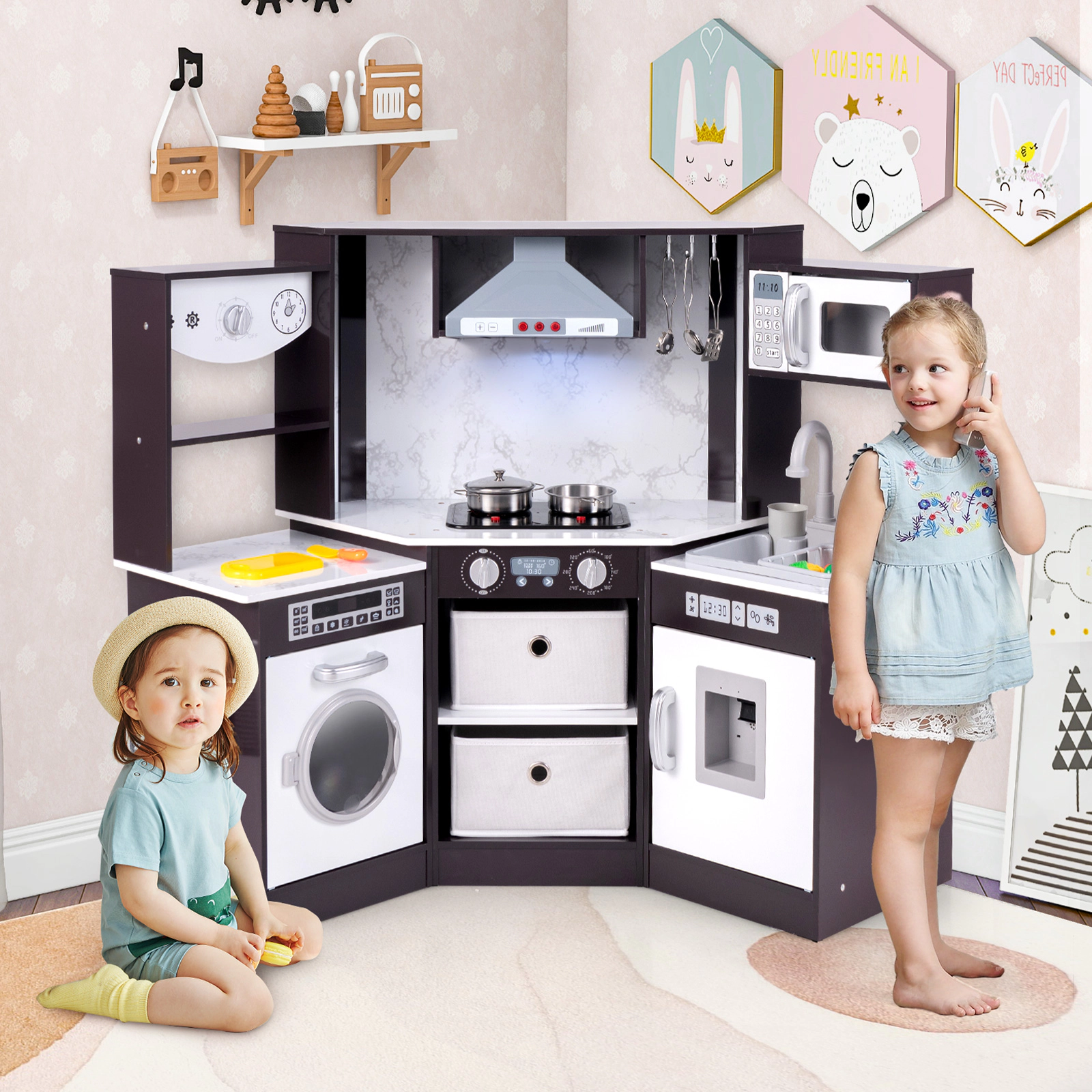 Wooden Kids Play Kitchen Water Circulation Water Dispenser Washing Machine Chef Hat 40-in x 20-in x 33.5-in Coffee