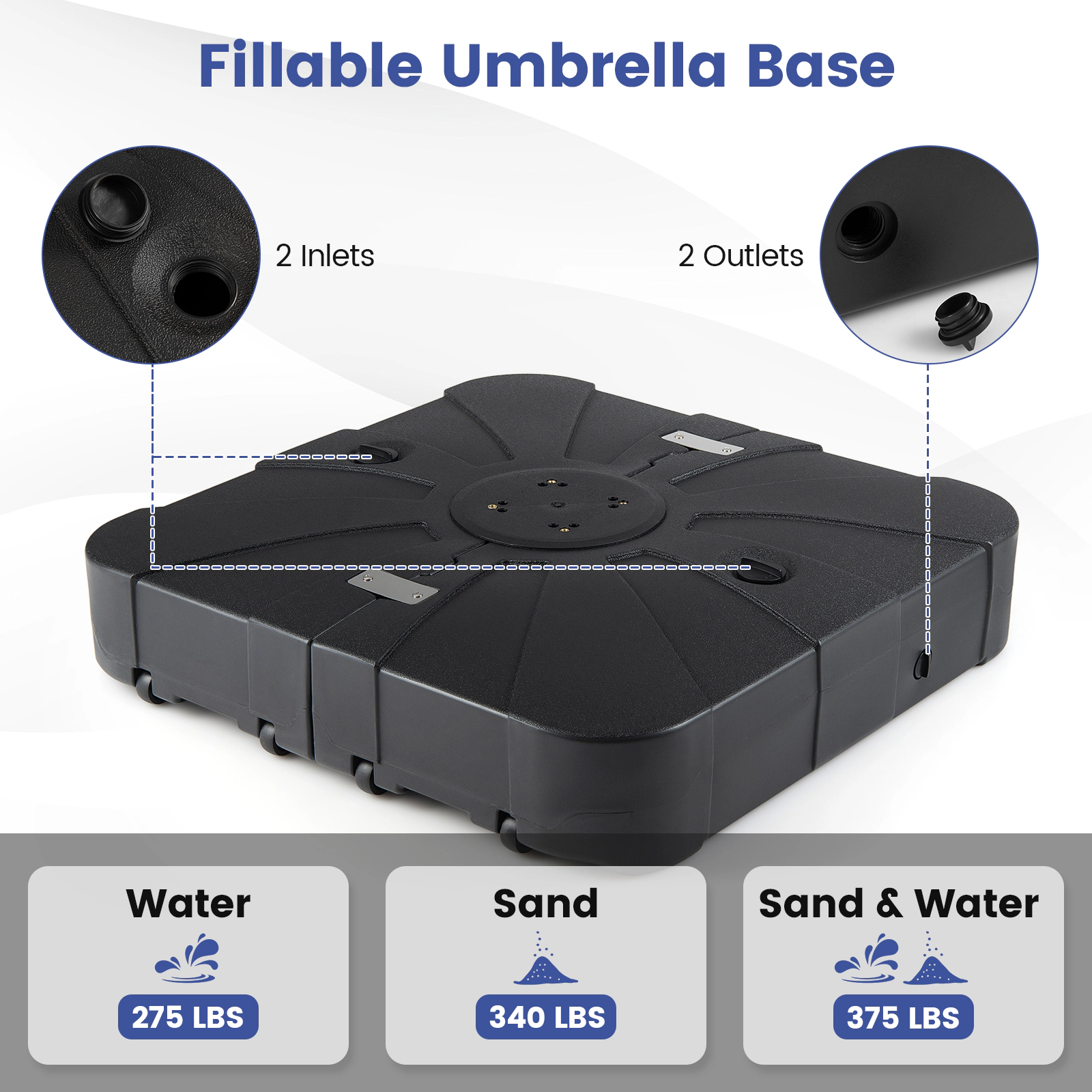 SUGIFT Cantilever Umbrella Base 285-375-lb Water and Sand Fillable for 8-12-ft Cantilever Umbrellas Black