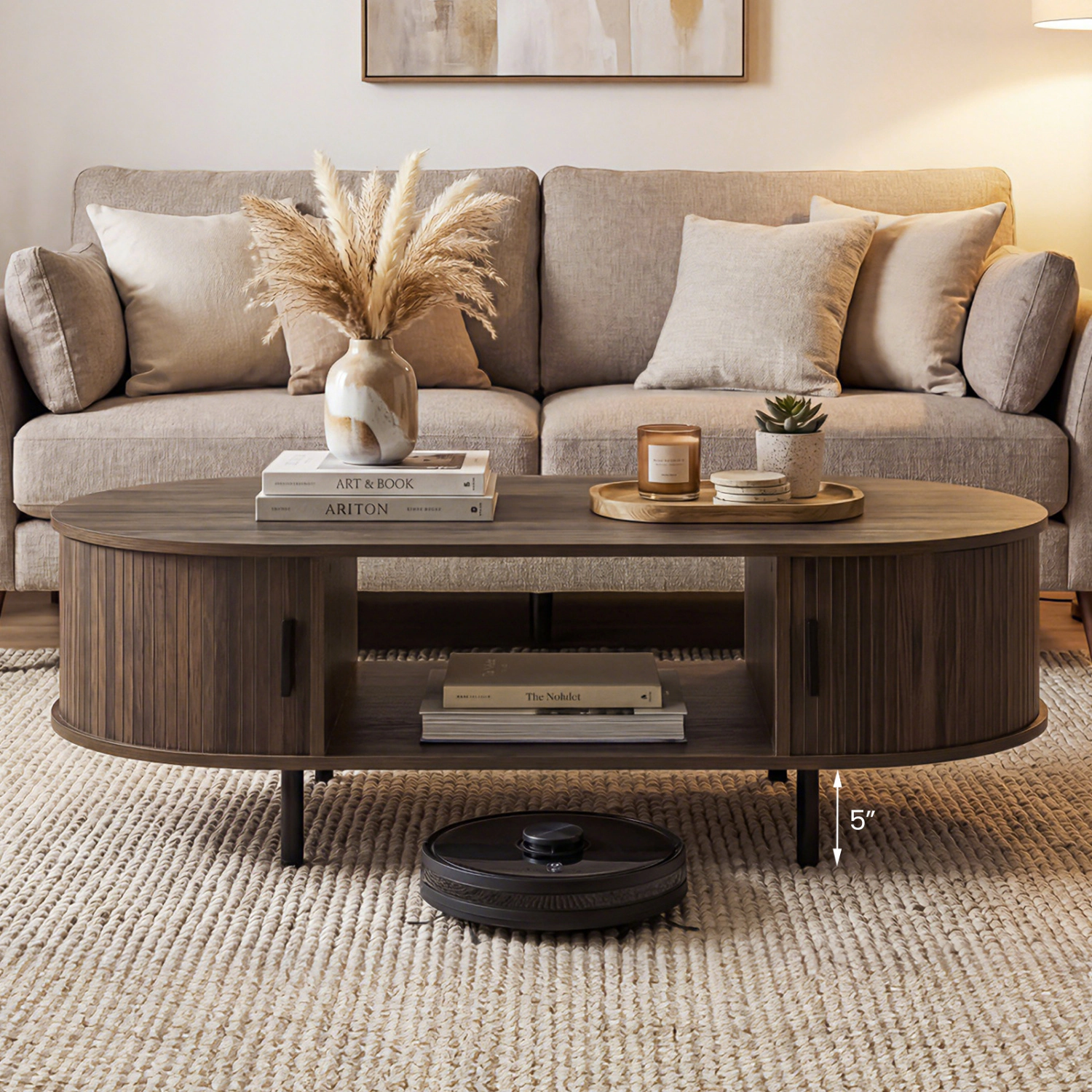 LJG Oval Coffee Table 47.5inch Wooden Center Table with Storage