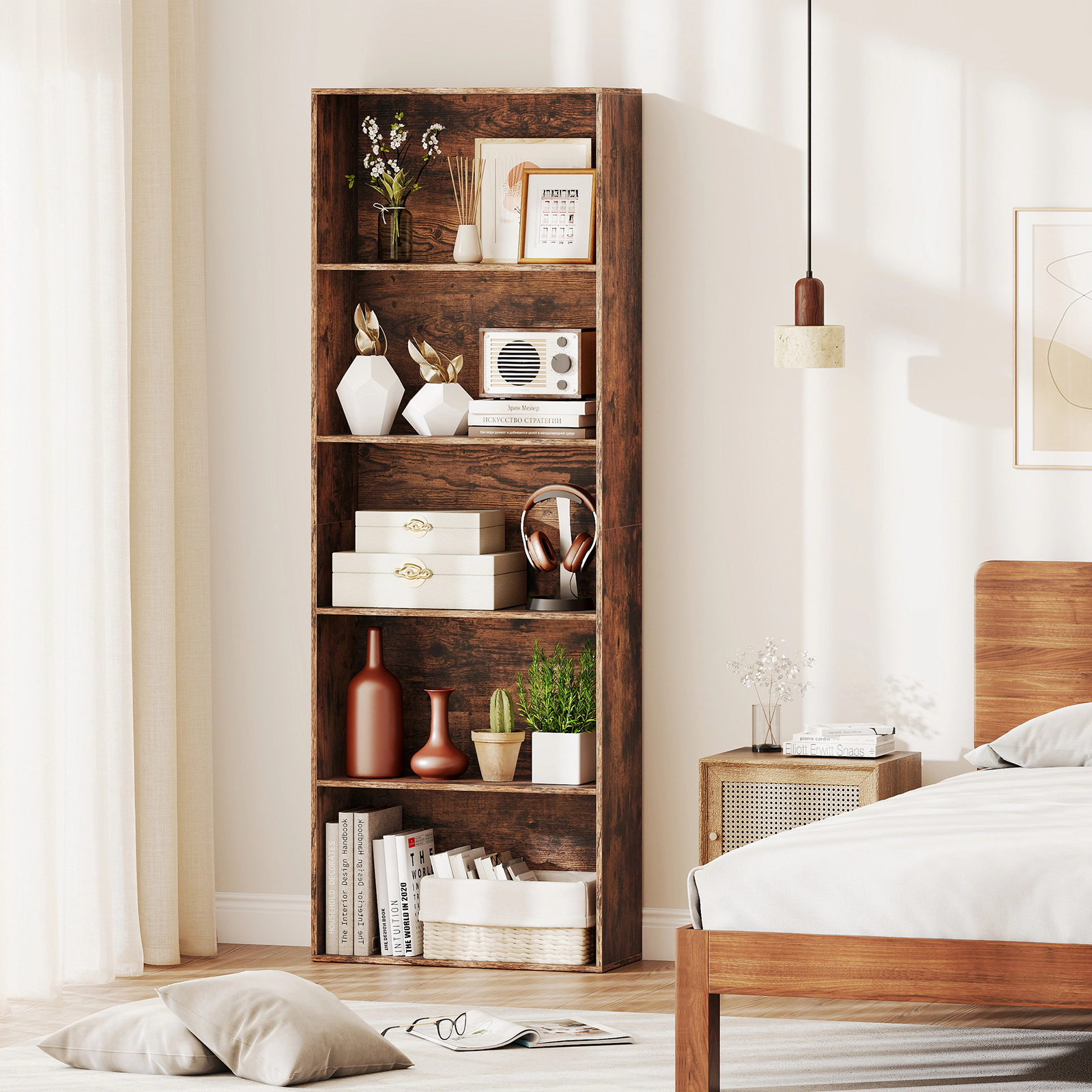 SUGIFT Rustic Brown 5-Tier Bookshelf 67 in with Dual Anti-Tipping Kits