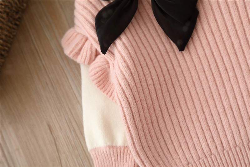 MyKids-USA Baby Solid Color Bow Patched Sweater With Pants Sets