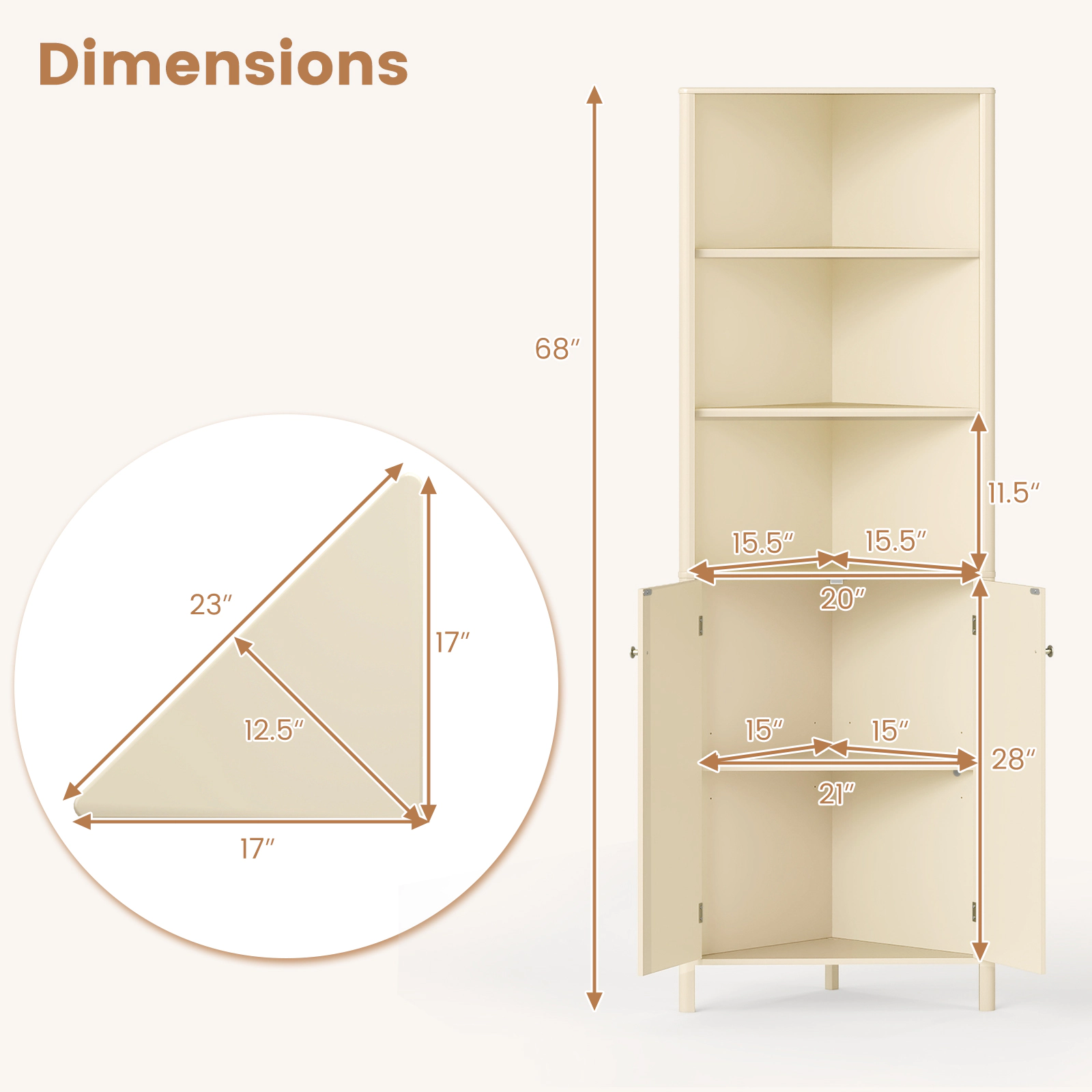 Slickblue Corner Bathroom Storage Cabinet Beige MDF Tall Floor Cabinet Adjustable Shelf