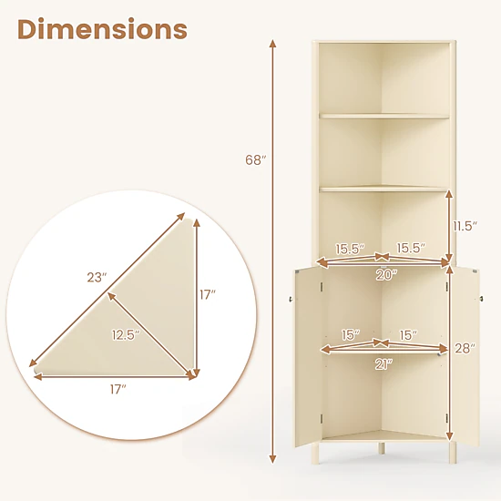 SlickBlue Corner Bathroom Storage Cabinet Beige MDF Tall Floor Cabinet Adjustable Shelf