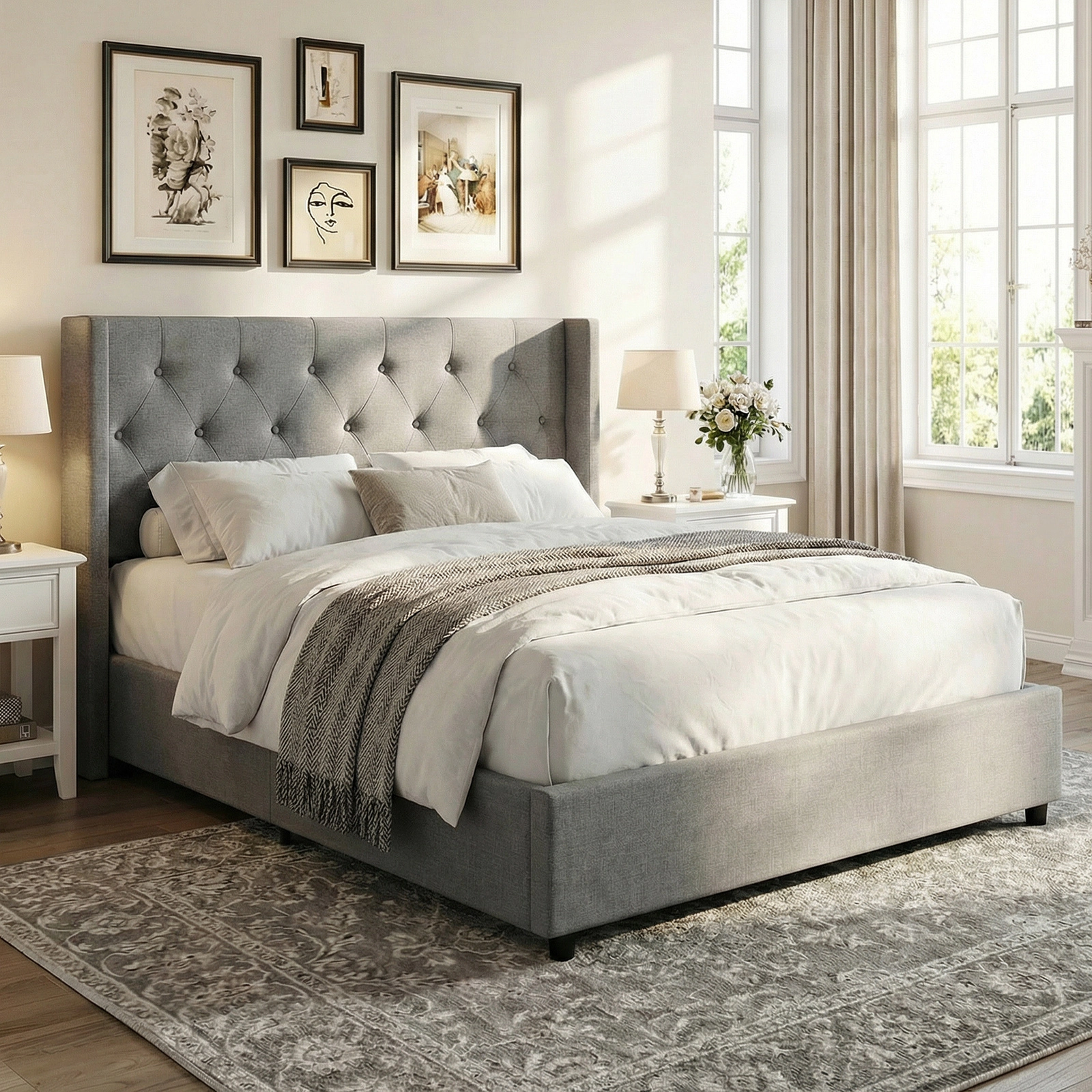 SUGIFT Queen Lift-Up Storage Bed, Gray Linen Upholstered Platform with Tufted Wingback Headboard