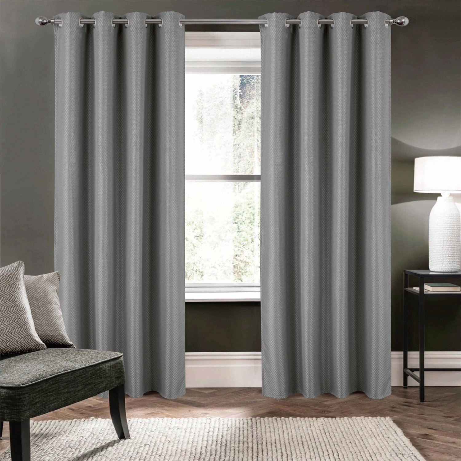 Olivia Gray 100% Polyester 250 GSM Basket Weave Ian Luxury Jacquard Blackout Grommet Curtain Panel 54" x 84
