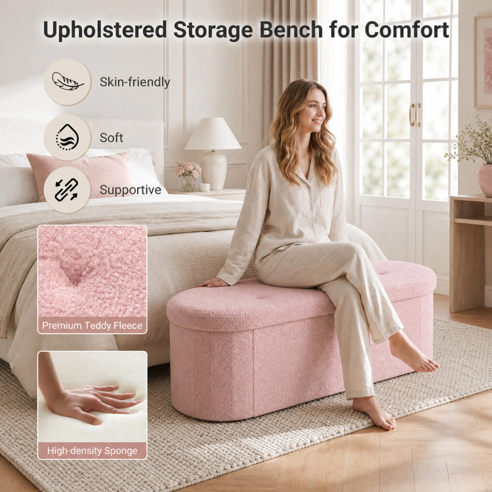 SUGIFT 43-in 330-lb Capacity Pink Folding Teddy Fleece Storage Ottoman Bench with 3 Compartments