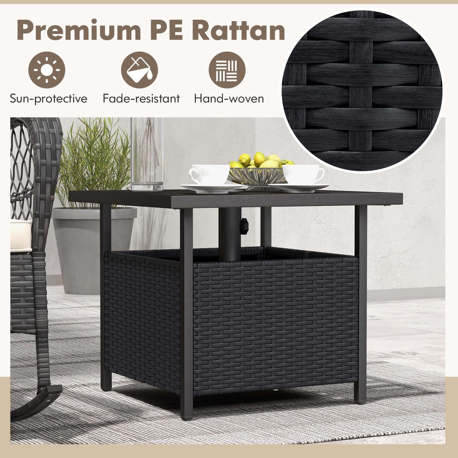 SUGIFT 22-Inch Square Wicker Patio Side Table with Umbrella Hole, PE Rattan and Steel Frame