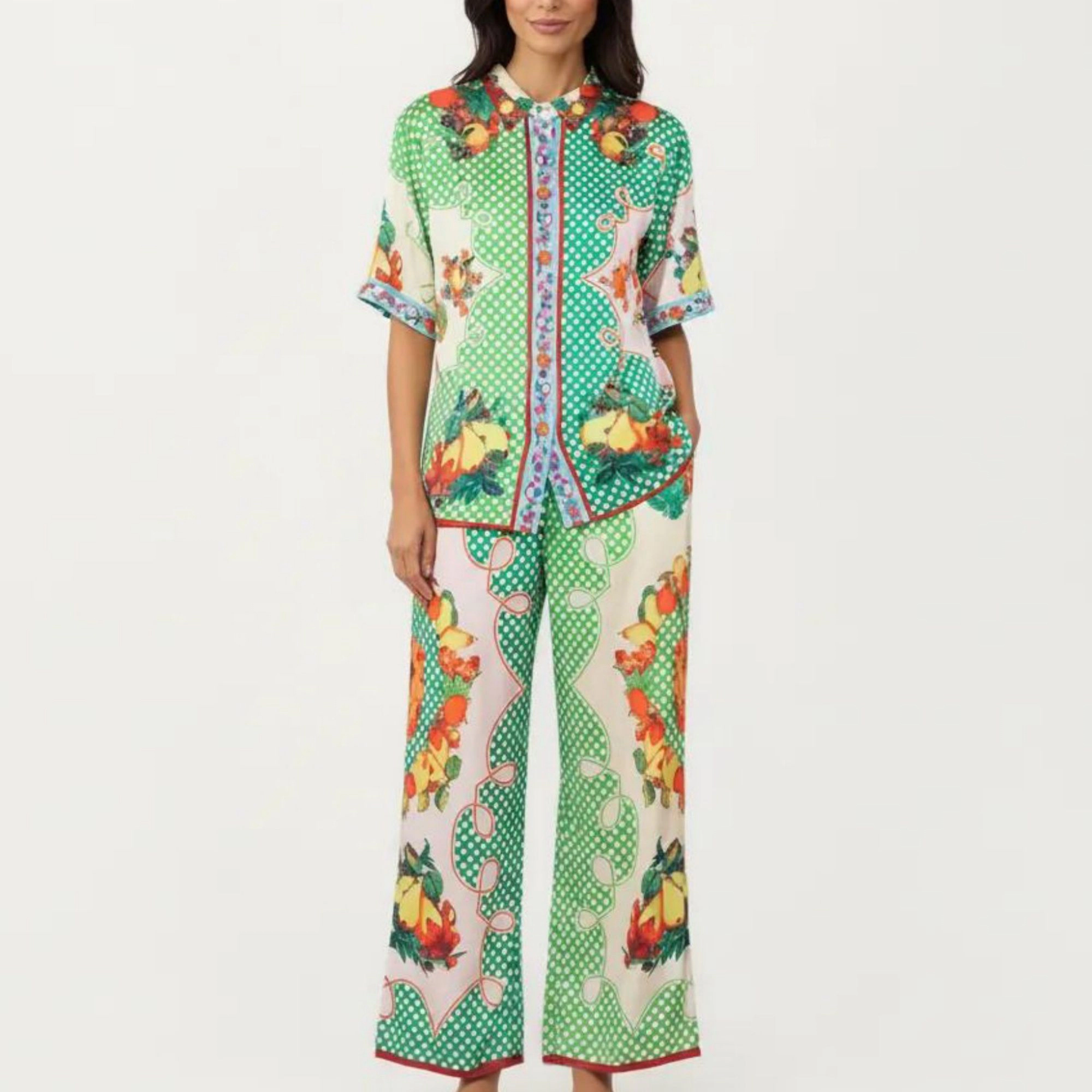 Anna-Kaci Women's 2-Piece Button Down Pajama Shirt and Wide Leg Pants Printed Short Sleeve Lounge Sleepwear Set