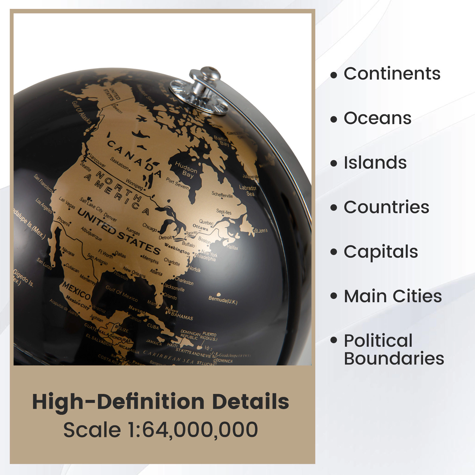 SUGIFT 8-in Rotating World Globe with Time Zone Markings Electroplated Metal Frame and Non-Slip Base