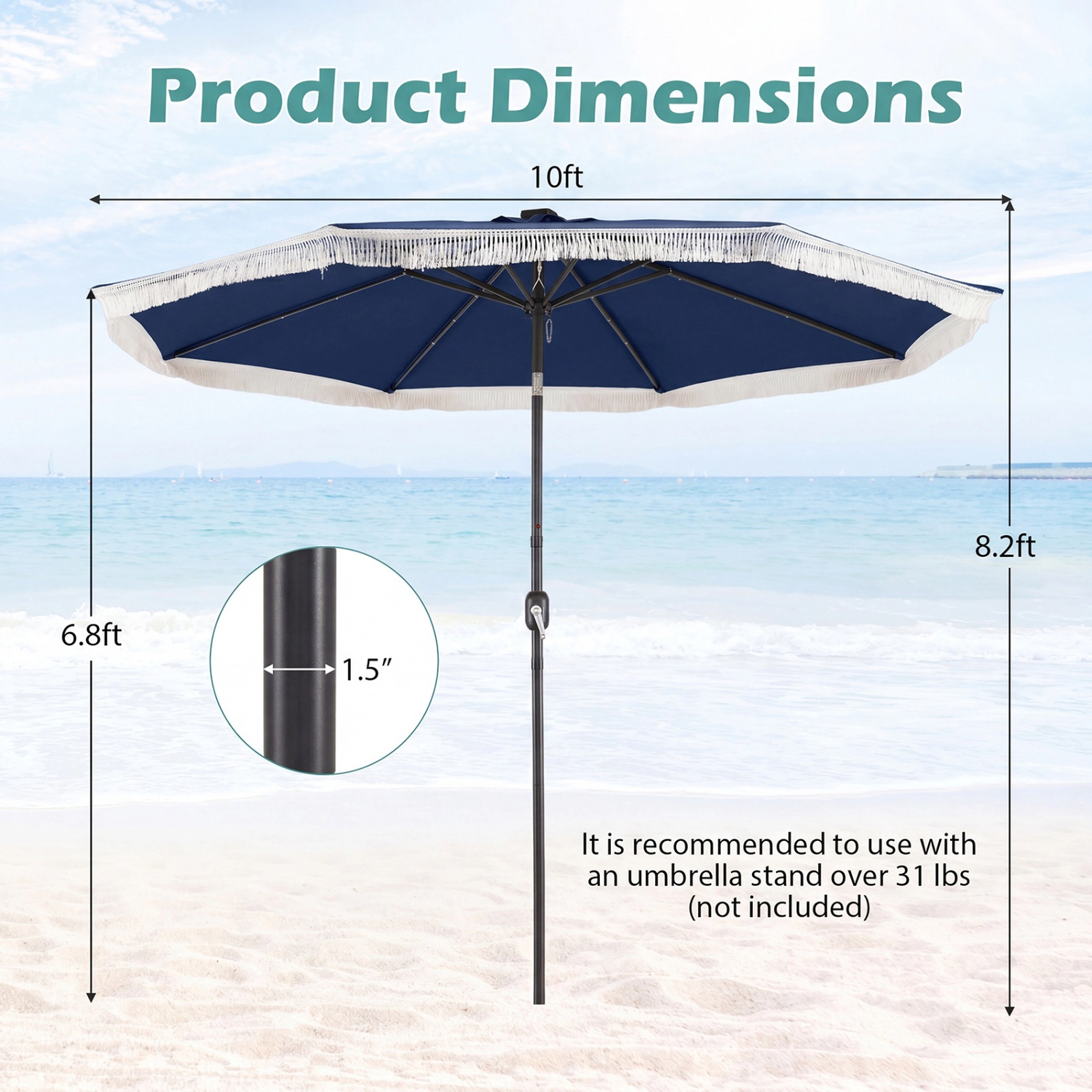 SUGIFT 10-ft Navy Blue Solar Patio Umbrella with 24 LED Lights Boho Tassel Fringe and Detachable Pole