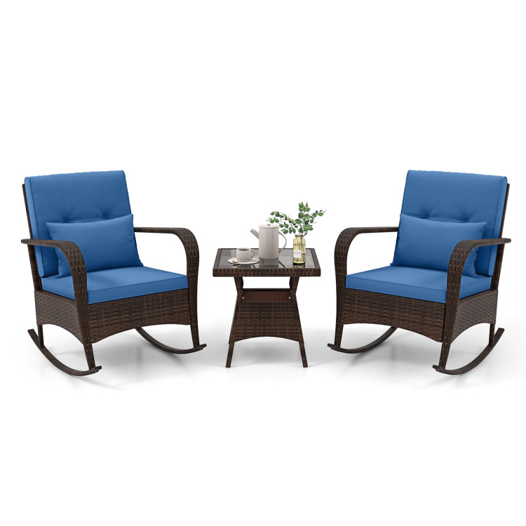 Hivvago 3 Pieces Outdoor Rocking Set With Tempered Glass Coffee Table For Backyard Poolside-Navy