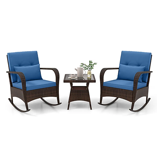 Hivvago 3 Pieces Outdoor Rocking Set With Tempered Glass Coffee Table For Backyard Poolside-Navy