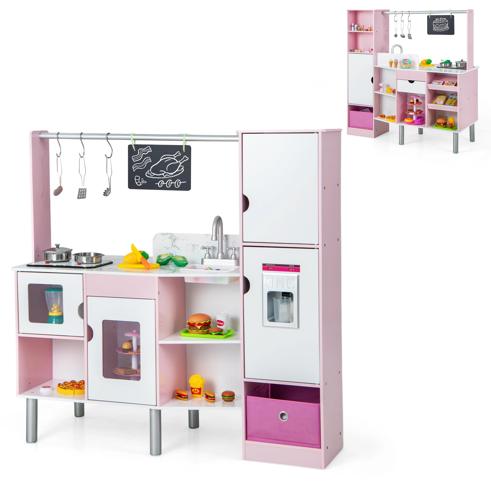 SUGIFT Pink Light and Sound 2-in-1 Double-Sided Kids Play Kitchen and Market Stand