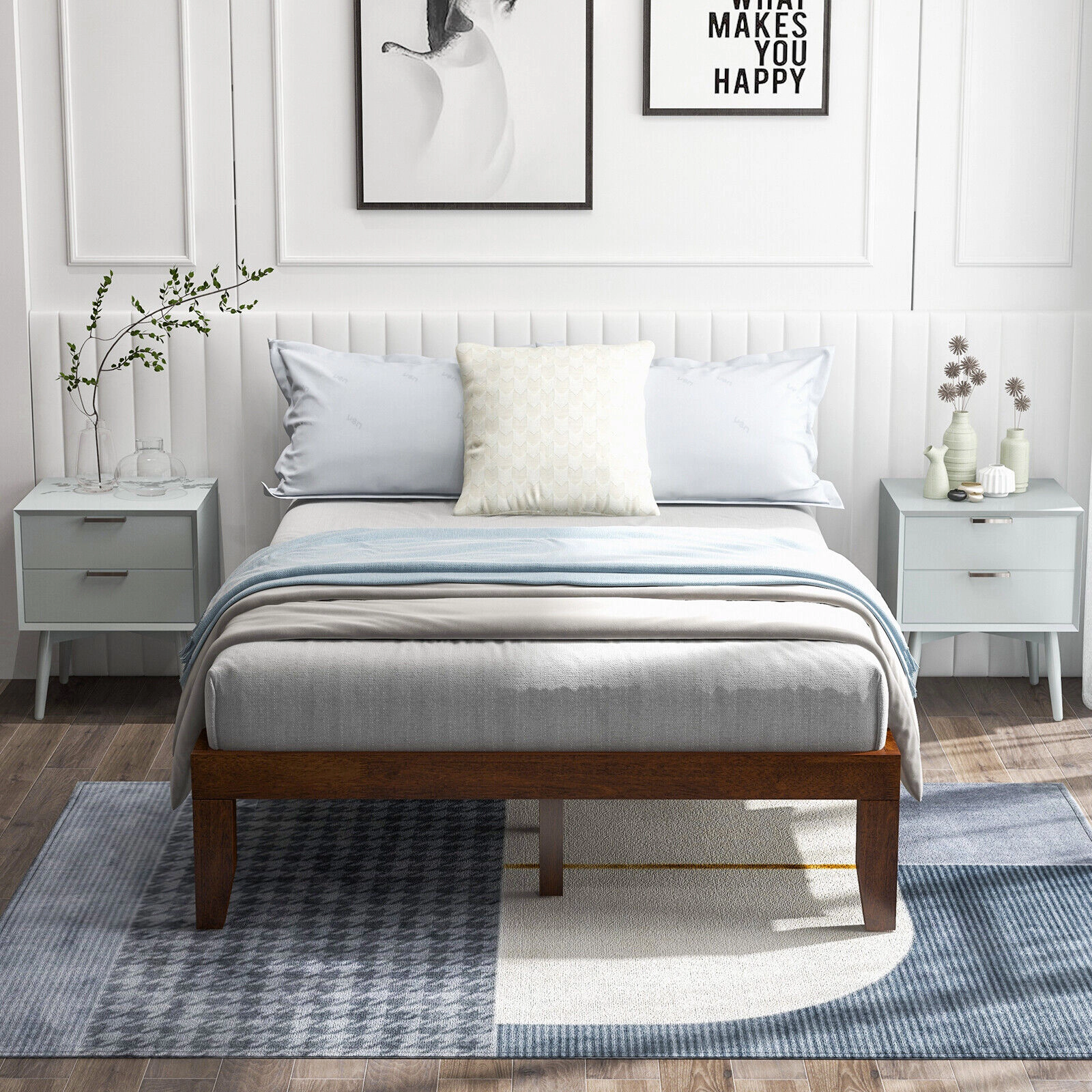 14-in Full Size Solid Wood Platform Bed Frame with 14 Poplar Slats 10 Support Legs Coffee