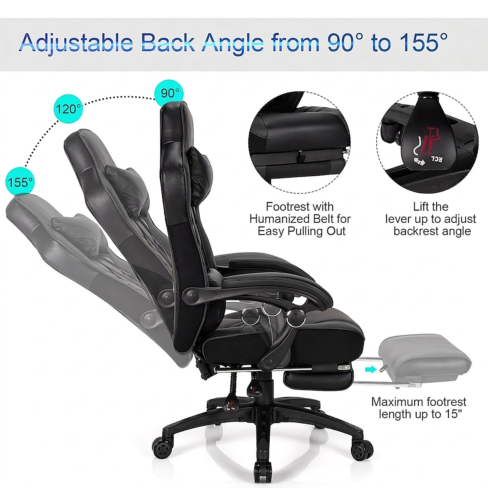 SUGIFT Black Ergonomic Reclining Gaming Chair with Retractable Footrest