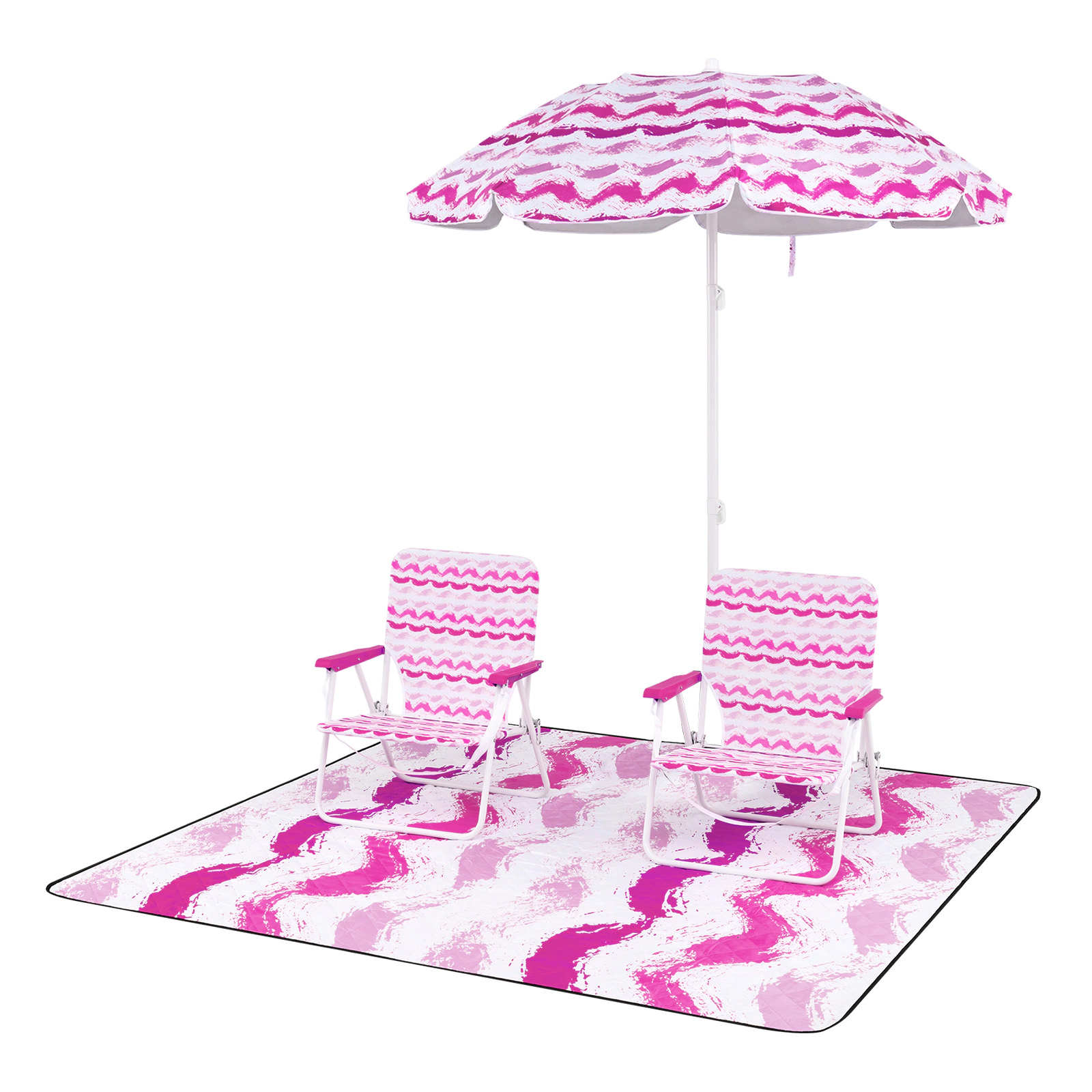 SUGIFT Pink 4-Piece Beach Set with 6.2-ft UPF 50+ Umbrella, 2 Folding Chairs and Picnic Blanket