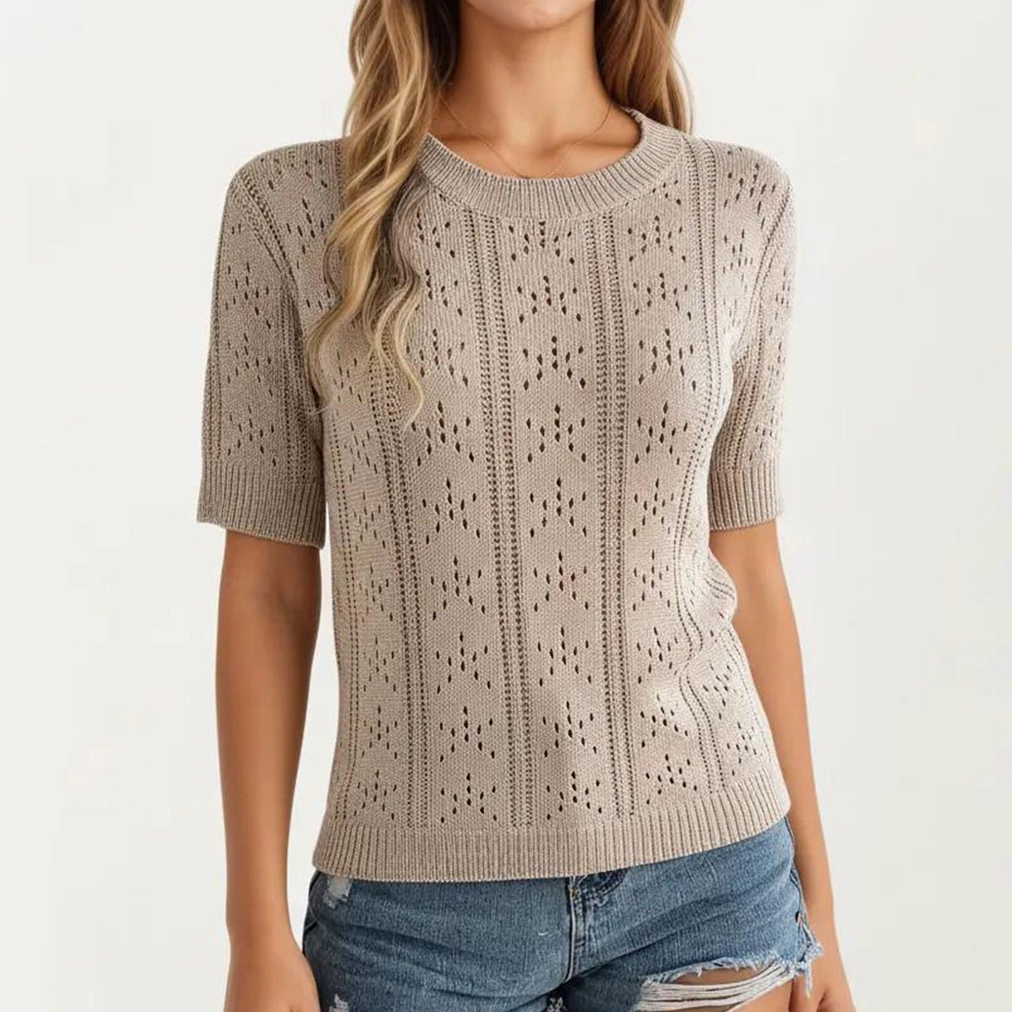 Anna-Kaci Women's Short Sleeve Open Knit Pullover Sweater Top with Crew Neck and Relaxed Fit