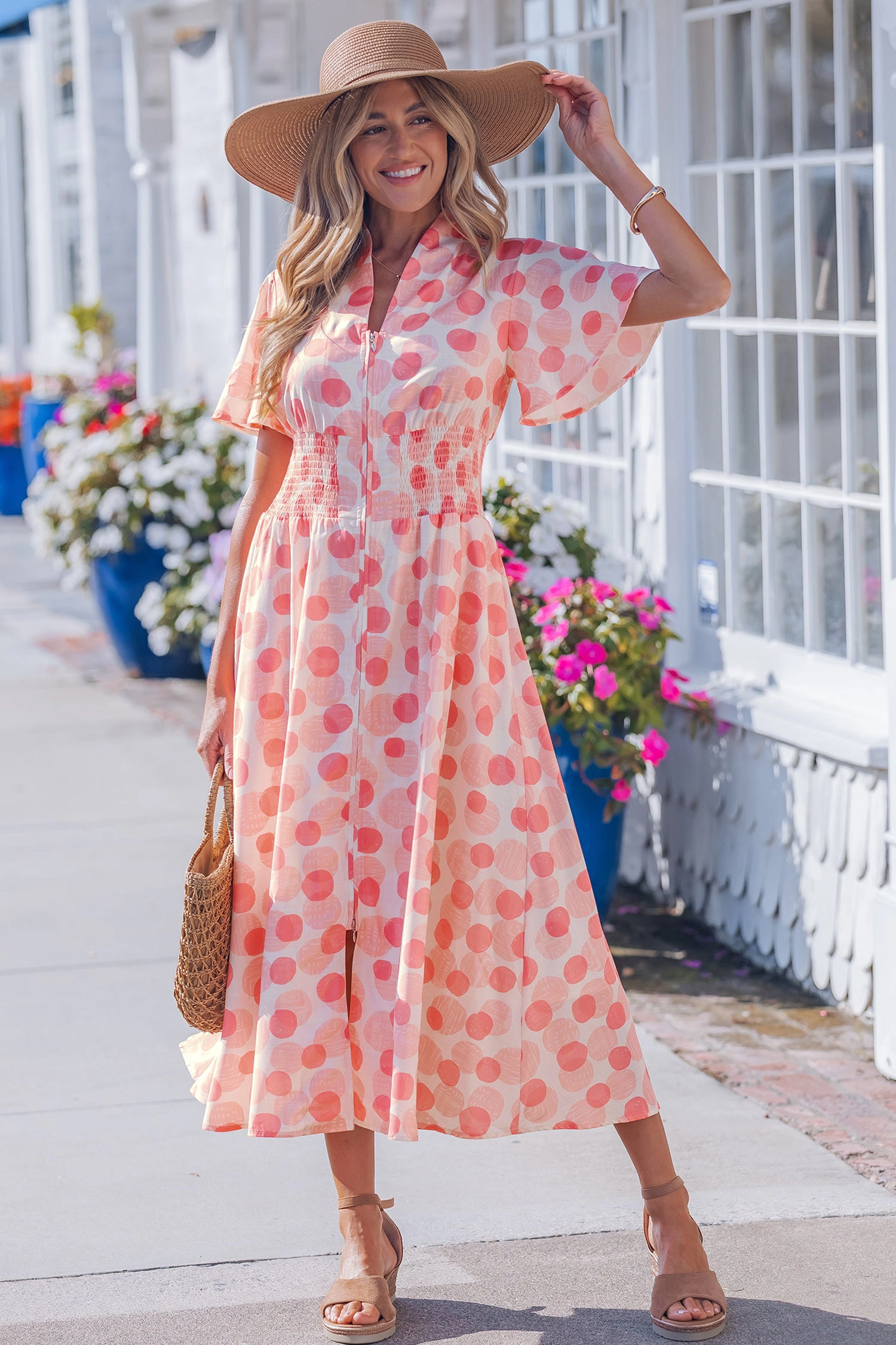 Threaded Pear Womens Talia Zip-Up Polka Dot Long Dress - Pink, Ruffled Short Sleeves