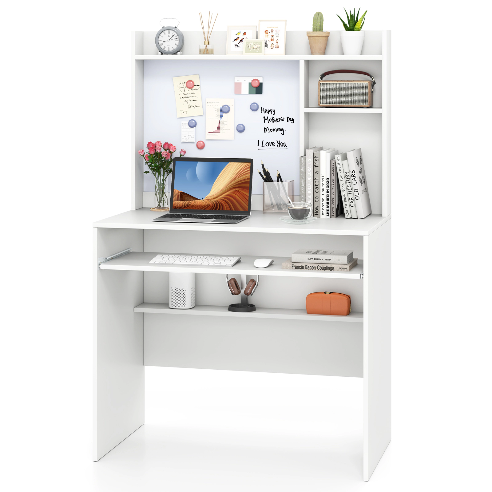LJG Compact Office Computer Desk with Hutch Magnetic Whiteboard