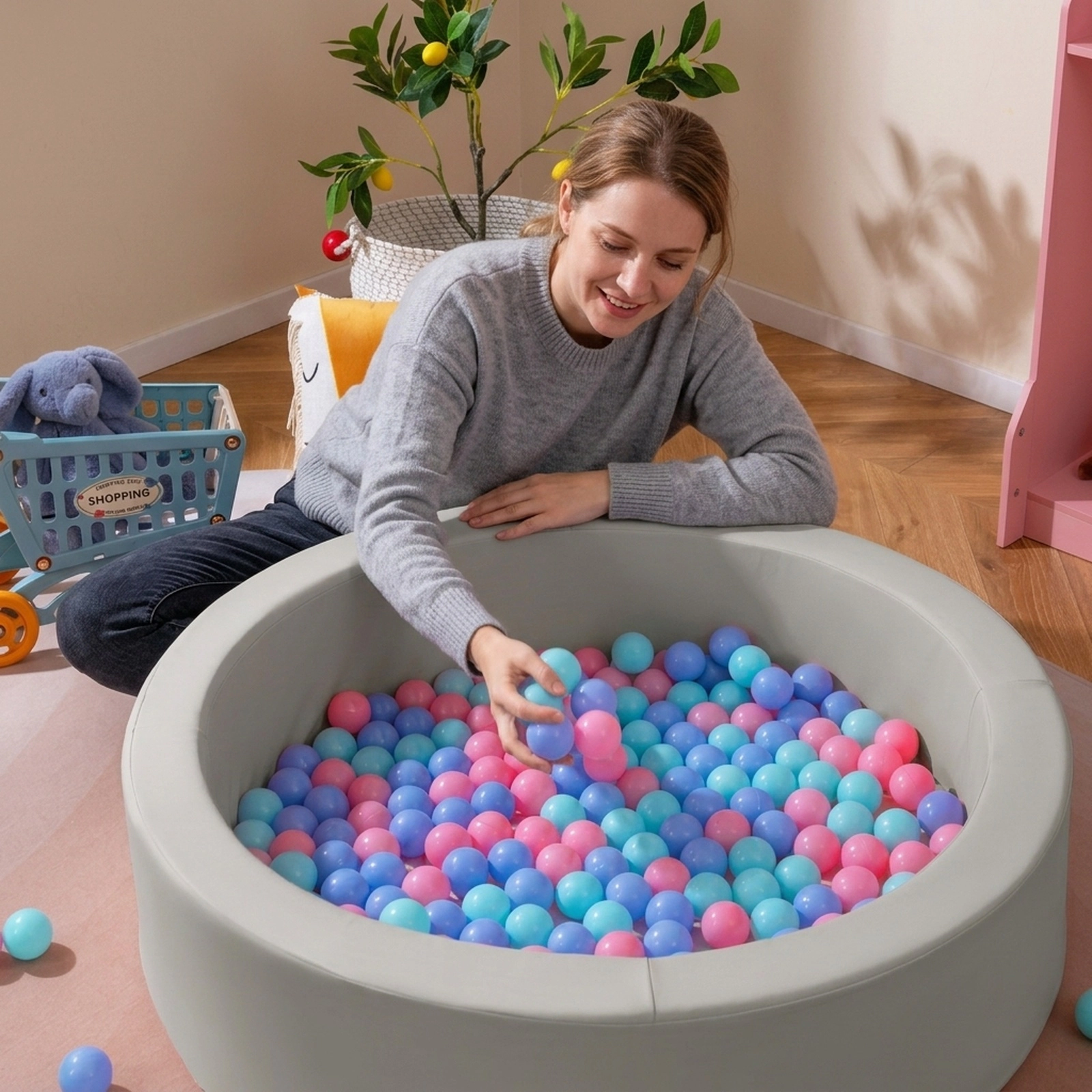 41.5-in Round Foam Ball Pit for Toddlers 200 Ocean Balls Included 25D Sponge Walls and Washable PU Cover Ages 3+ Gray