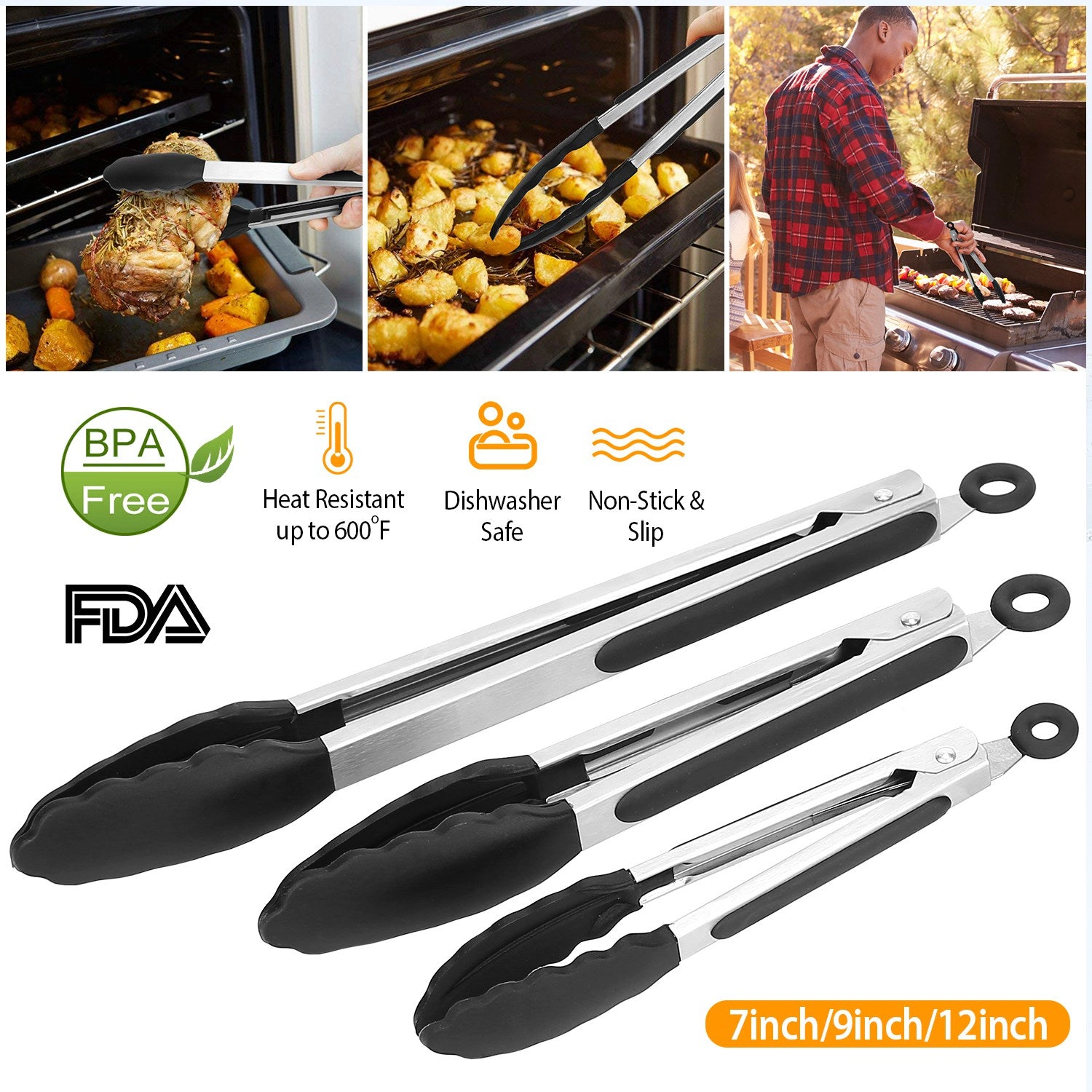 GBruno 3-Piece Stainless Steel Kitchen Tongs