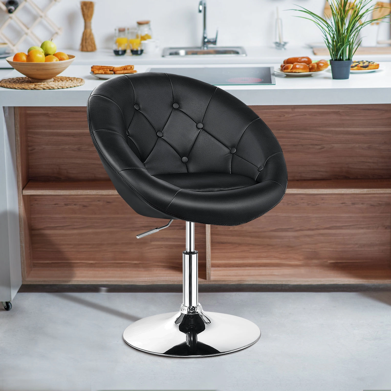 SUGIFT Adjustable Swivel Round PU Leather Accent Chair 330-Lb Capacity 30.5-36-in Adjustable Height Black