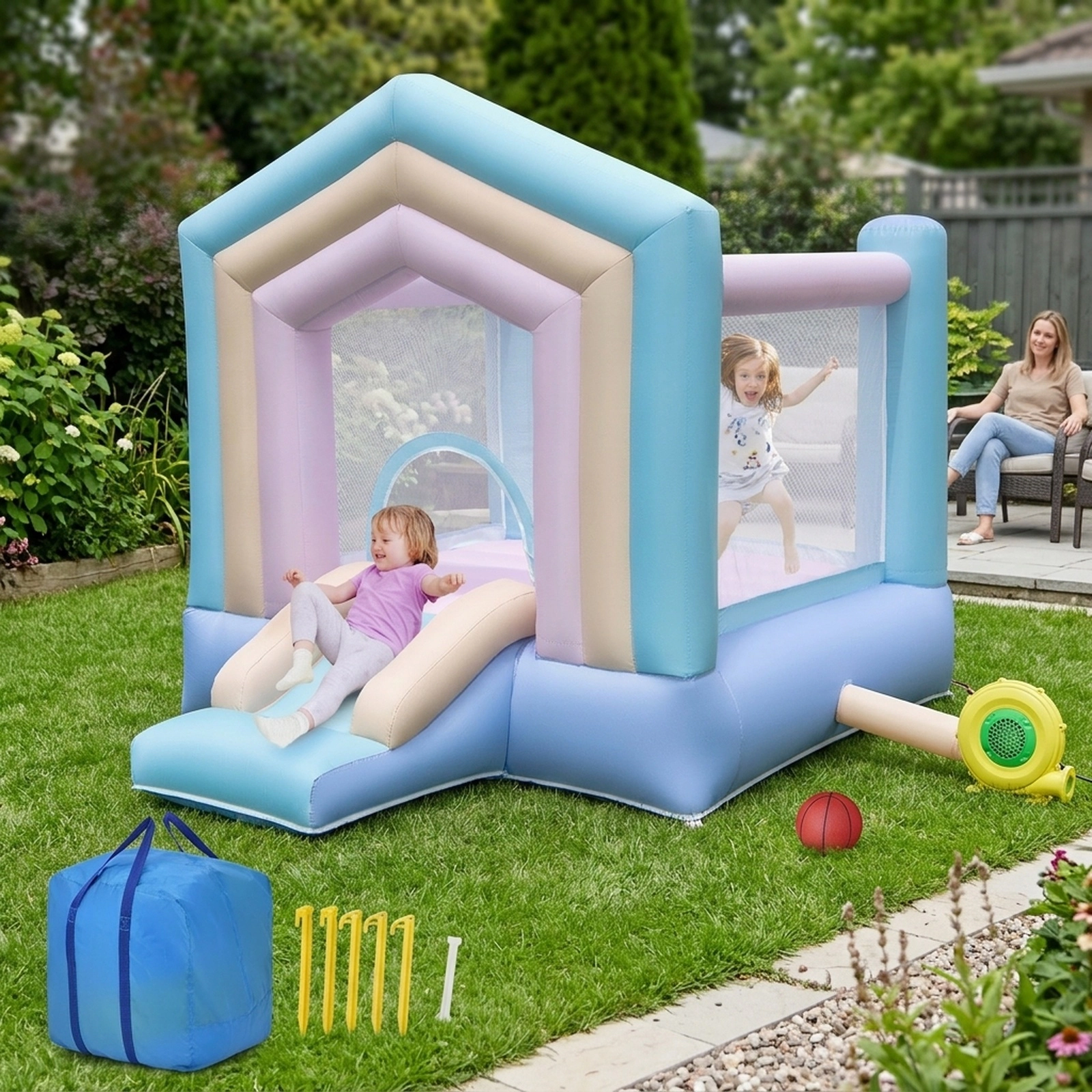 Kids Bounce House with Slide and Basketball Rim 480W Blower Bouncy Castle for Party 65-lb per Child 130-lb Total