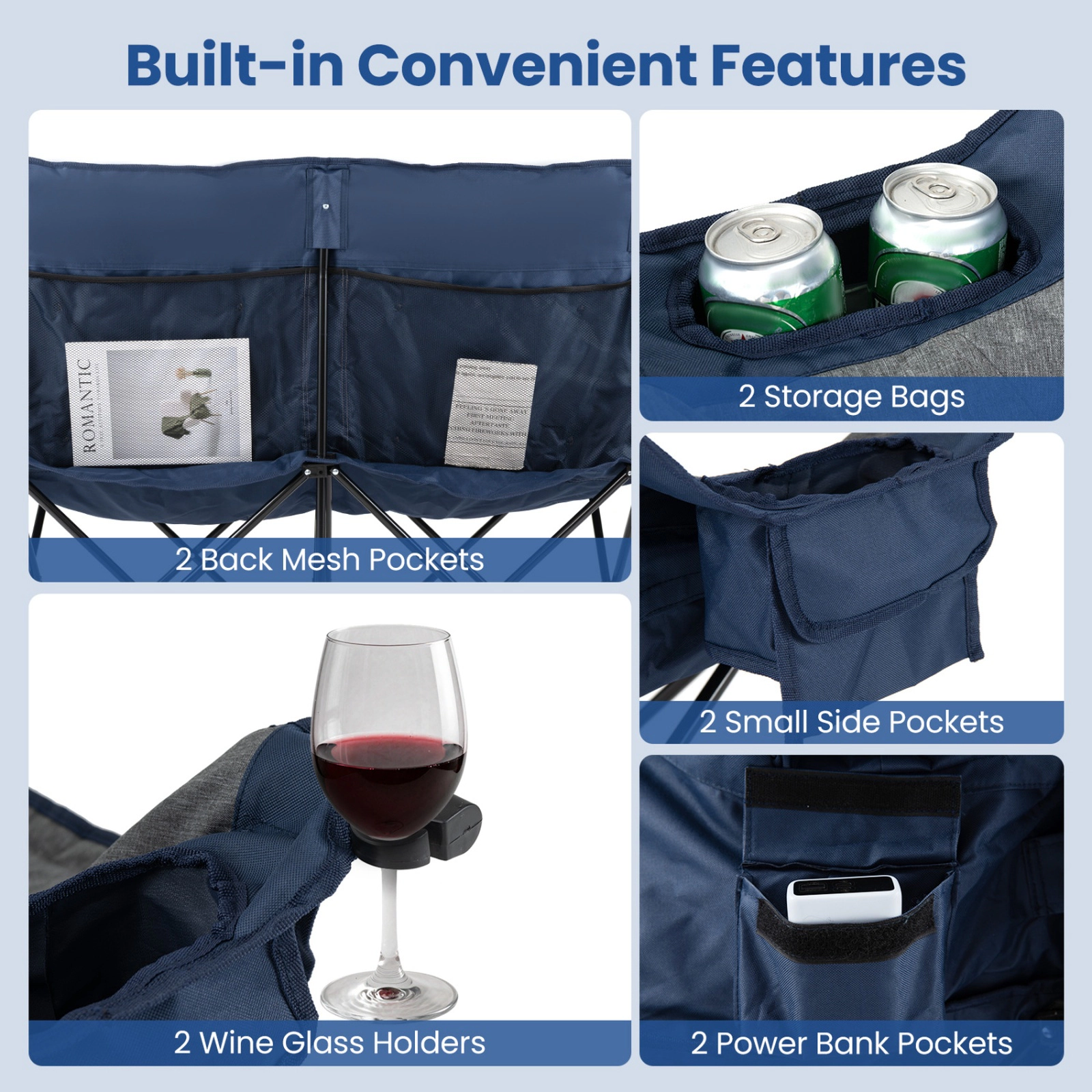 SUGIFT 660-lb Capacity Heated Double Camping Chair Loveseat with 4 Heating Zones 3 Heat Levels and Wine Holders