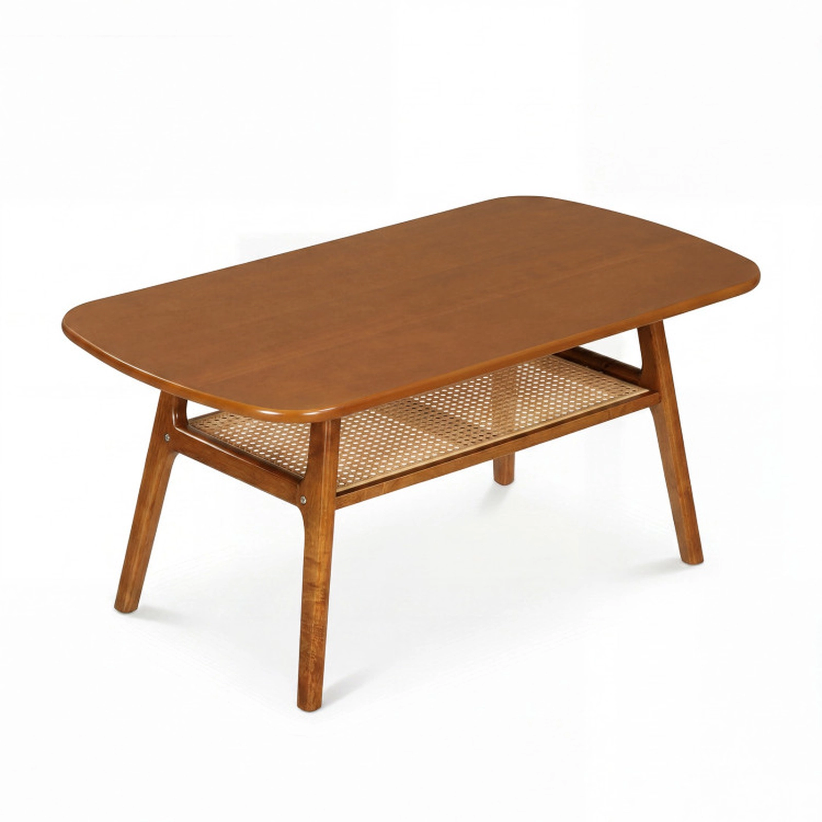 SUGIFT 2-Tier Boho Rattan Coffee Table with Rounded Corners 175-lb Tabletop 45-lb Shelf Capacity Natural/Walnut