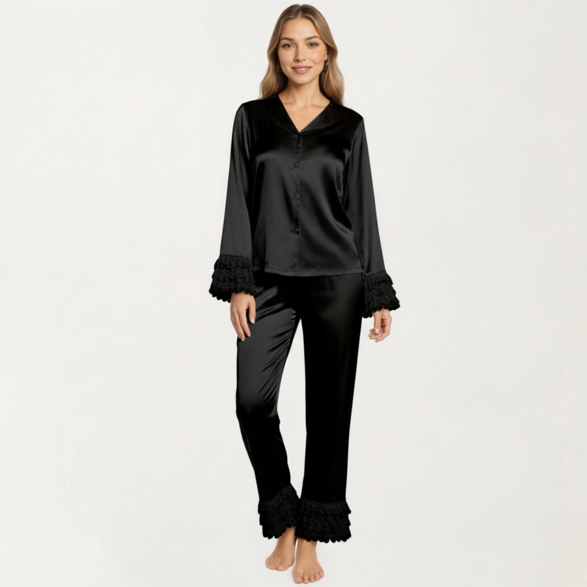 Anna-Kaci Women's Long Sleeve Pajama Set with Soft Button Front Top and Ruffled Cuff Trim Straight Leg Pants