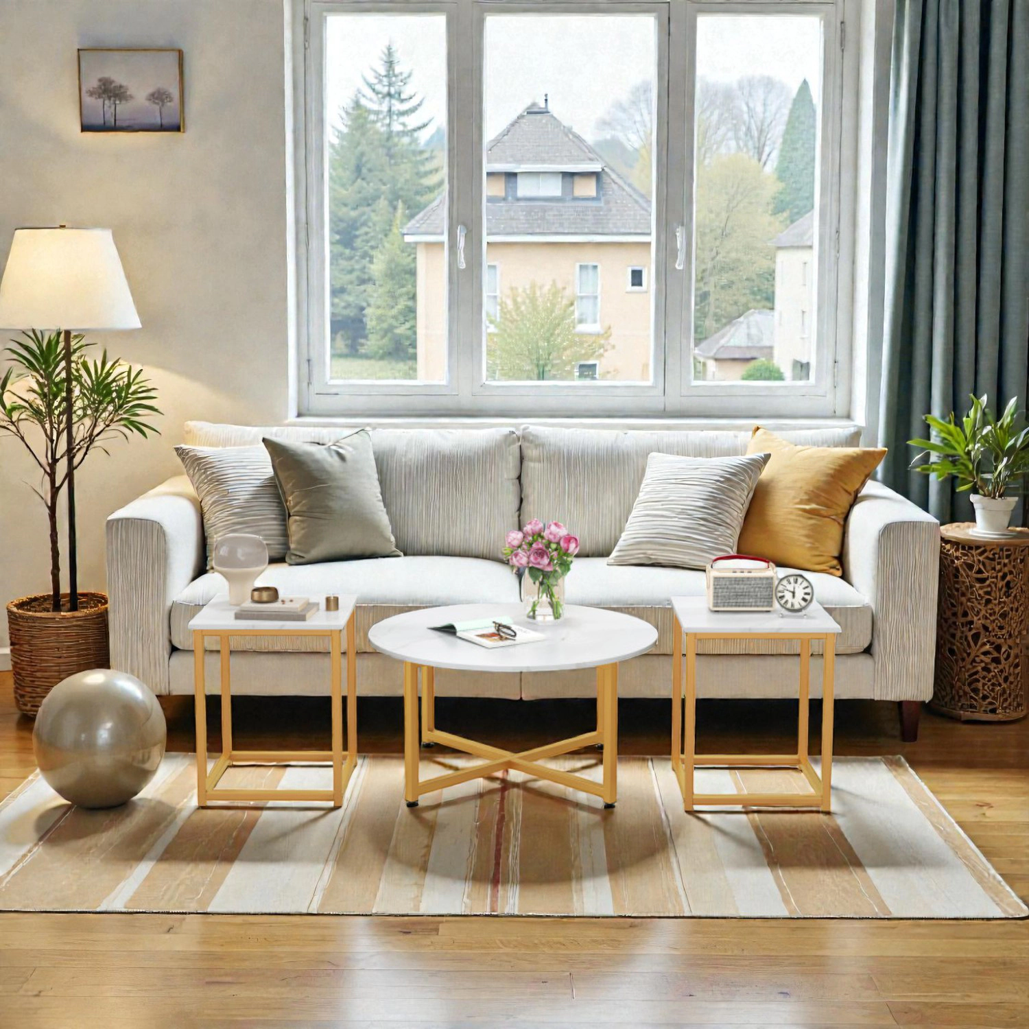 Hivvago Round Coffee Table with Two Matching Square Side Tables Set