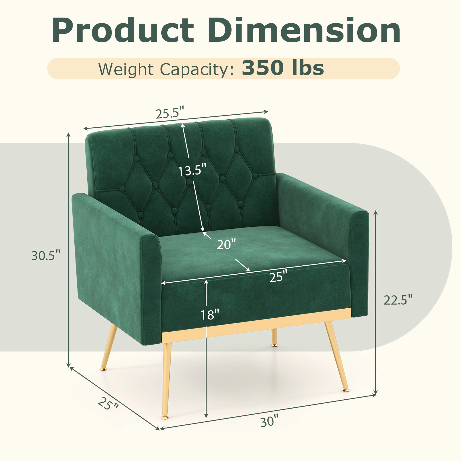 Hivvago Velvet Armchair with Tufted Backrest, Gold-Finished Legs, and Adjustable Foot Supports