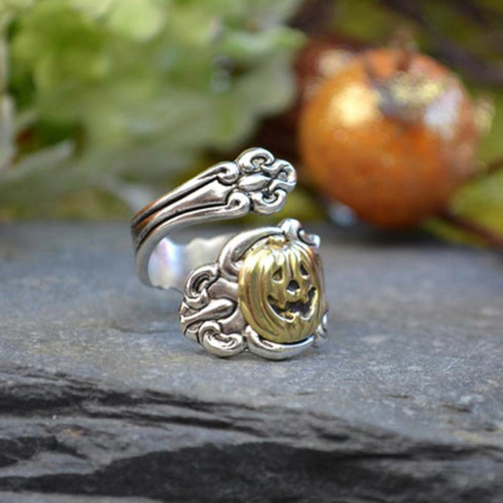 Vintage Two‑Tone Pumpkin Jack‑O‑Lantern Spoon Open Adjustable Ring Halloween Statement Ring